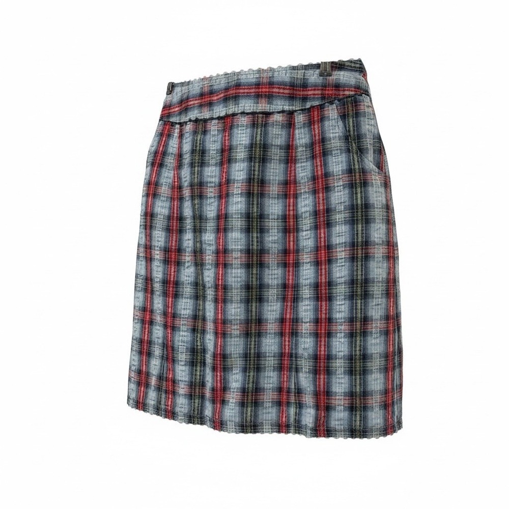 Liz Claiborne Skirt Womens 14 Blue Madras Plaid Pockets Ric Rac A-Line Cotton